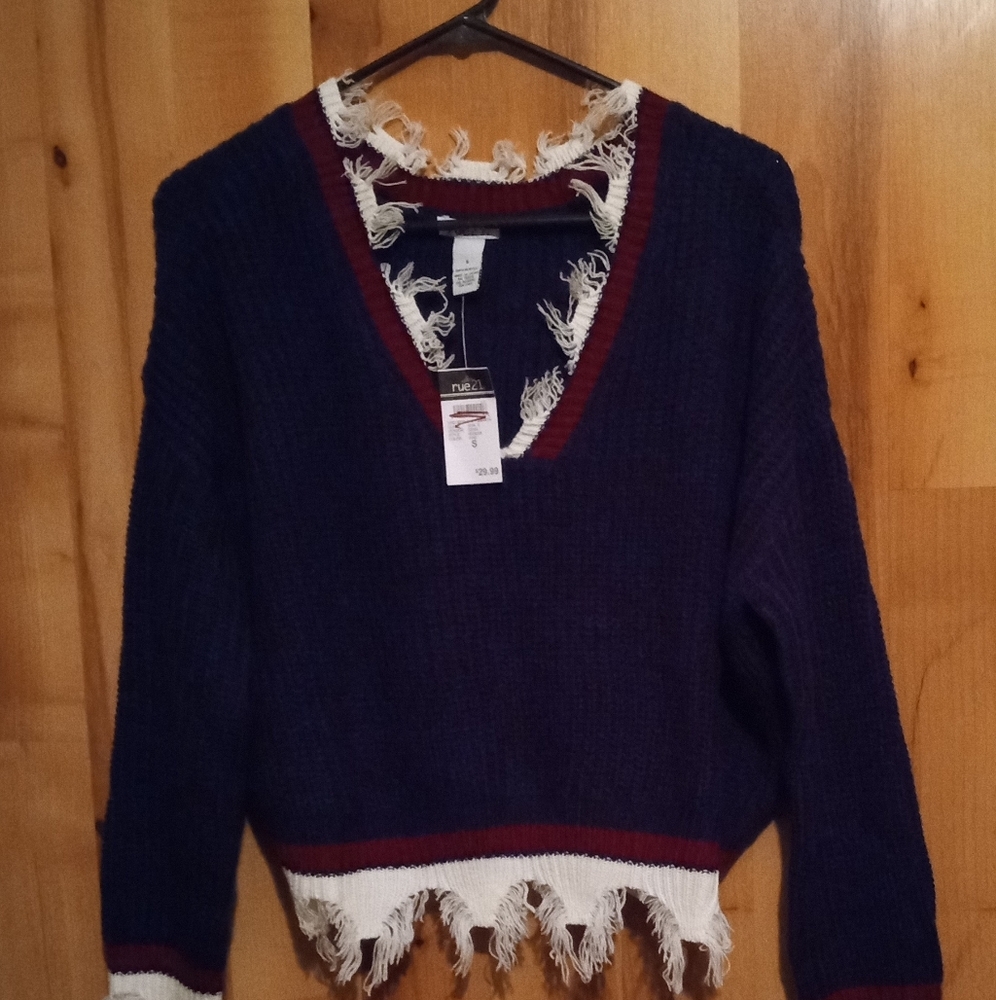 Rue 21 Women's Small Distressed Cropped Waffle Knit Peasant Sweater Multi Color